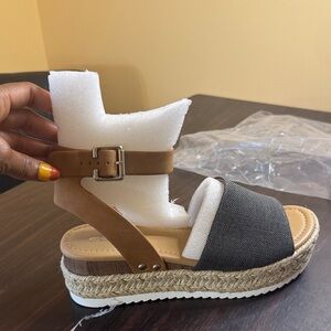 Clarks Tan and Gray Espadrille Wedges